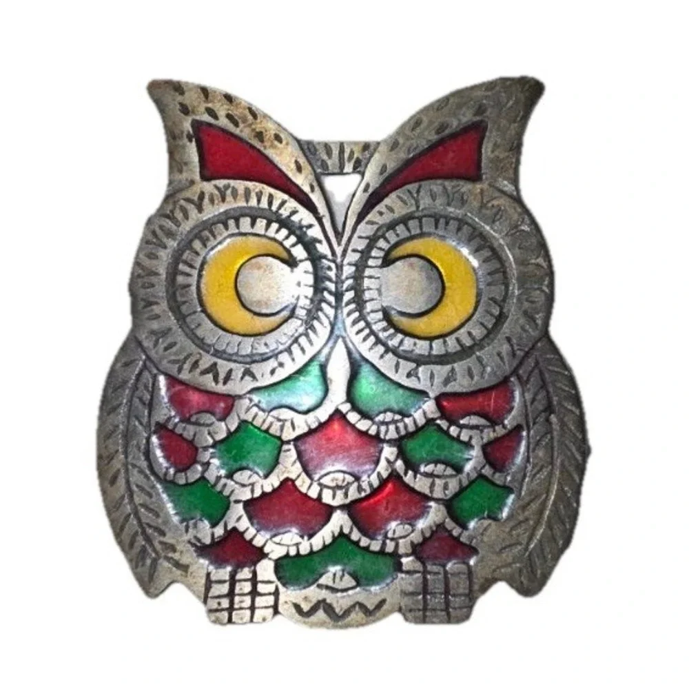 Vintage Owl Trivet Cast Metal Stained Glass Hot Plate Kitchen Pot Rest Taiwan